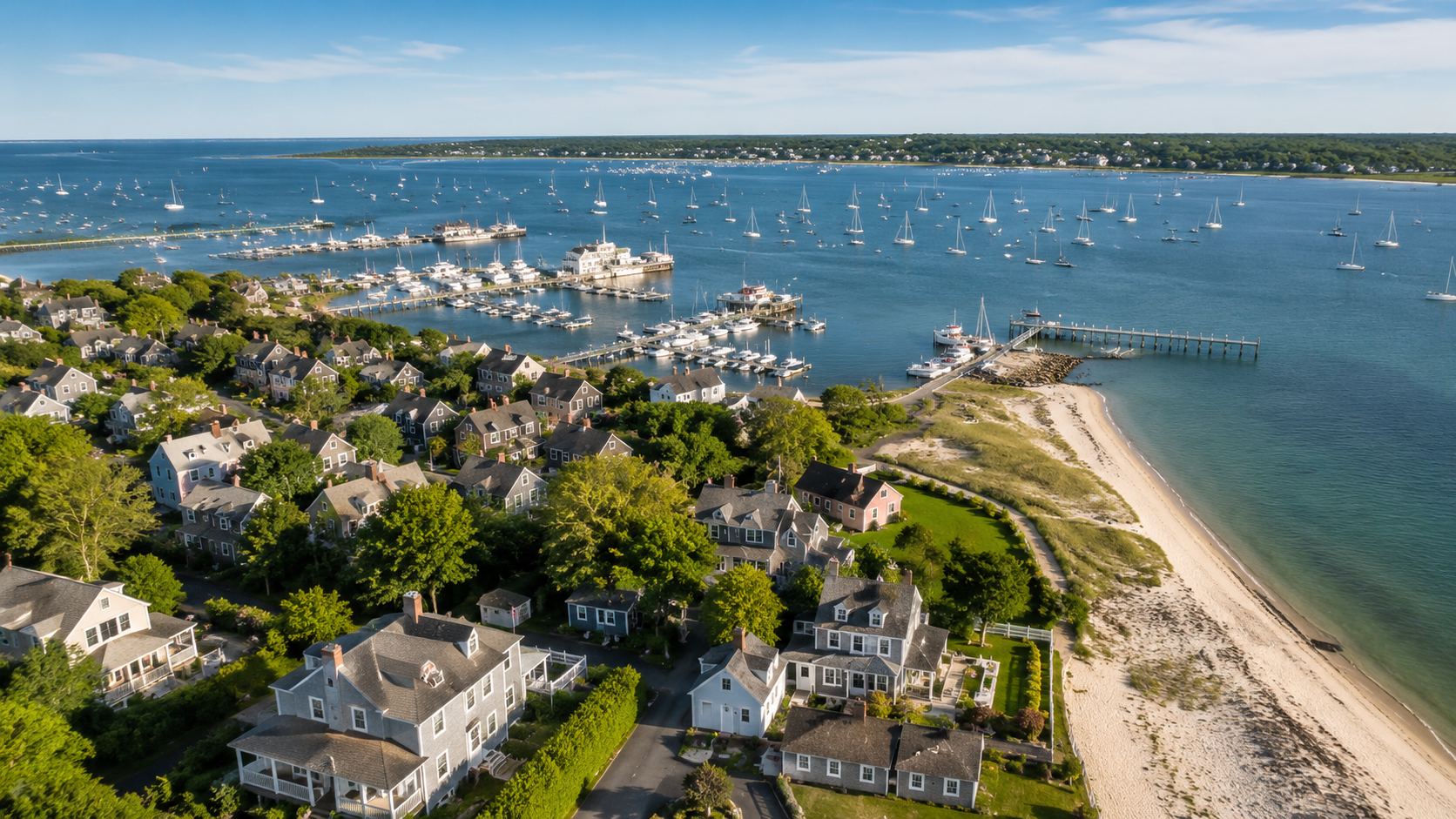 Aerial view of a colorful coastal town with sandy beach, harbor, sailboats, docks, and Cape Cod style homes along the water.