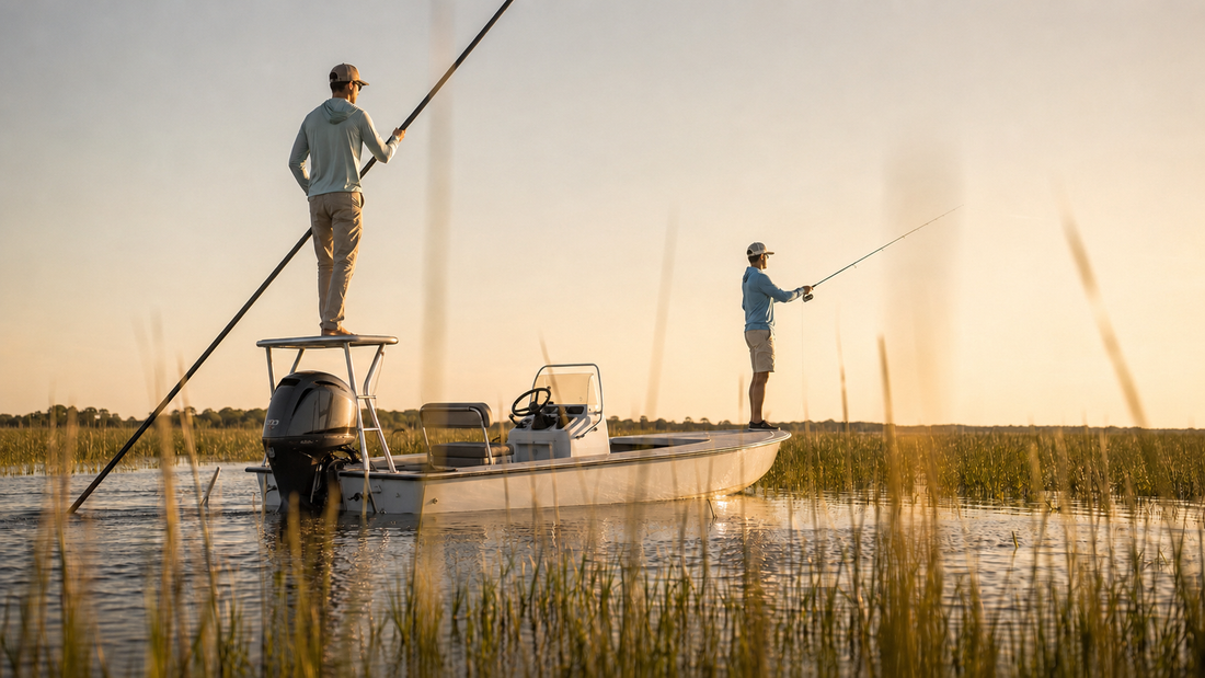 Two men flats fishing from a skiff in a shallow coastal marsh at golden hour wearing lightweight performance apparel.