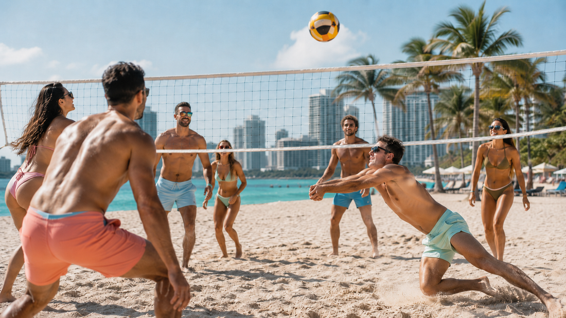 Friends playing beach volleyball in tropical pastel swimwear on a sunny Miami beach.