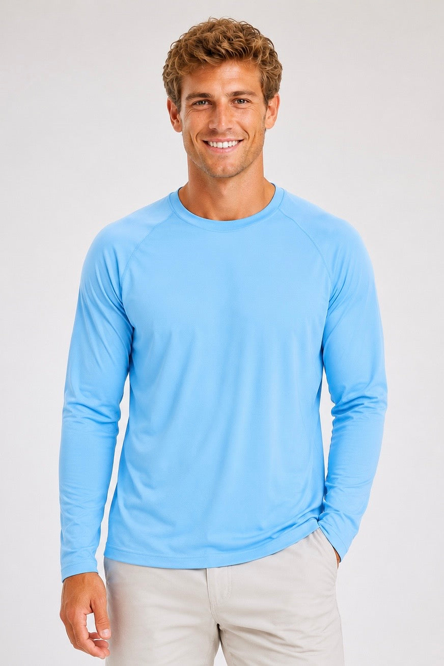 Male model wearing the Hudson Bros. Everyday Shade Long Sleeve performance sun shirt in Bahama Blue against a light studio background.
