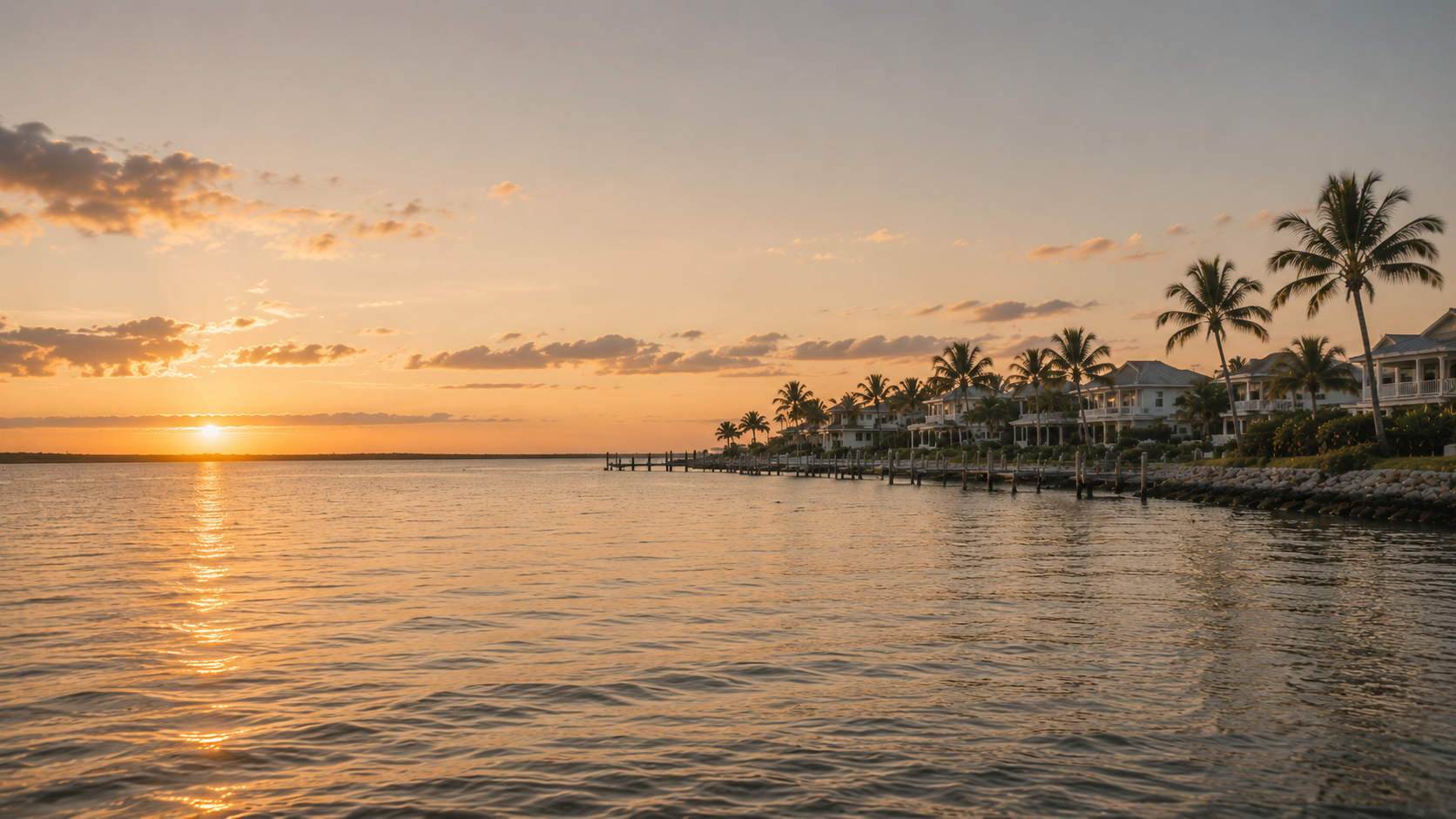 Sunset over a coastal scene with palm trees and houses.