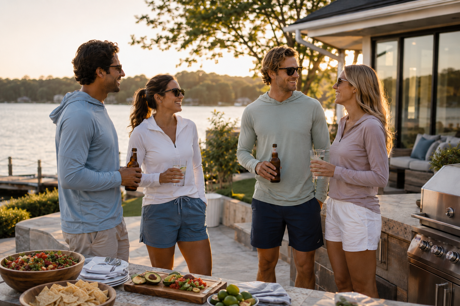 Four friends wearing Hudson Bros. Everyday Shade performance hoodies and quarter-zips gather around an outdoor grill at a lakeside home during golden hour.
